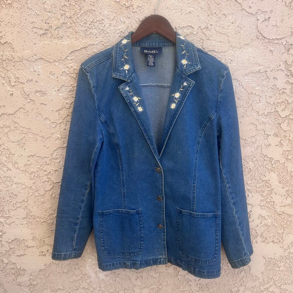 Denim&Co Blue Denim Blazer with Floral Embroidered Collar